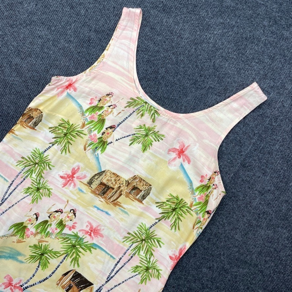 Weekend Traffic Hula Girl Tropical Mini Dress L Pink Yellow Rayon Vintage Style